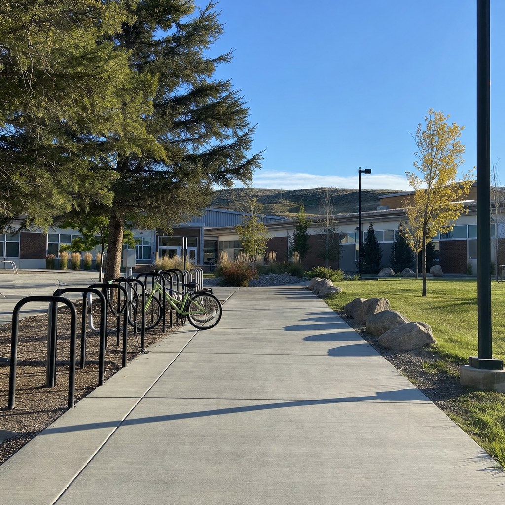 Walkway past the bike racks toward the gym