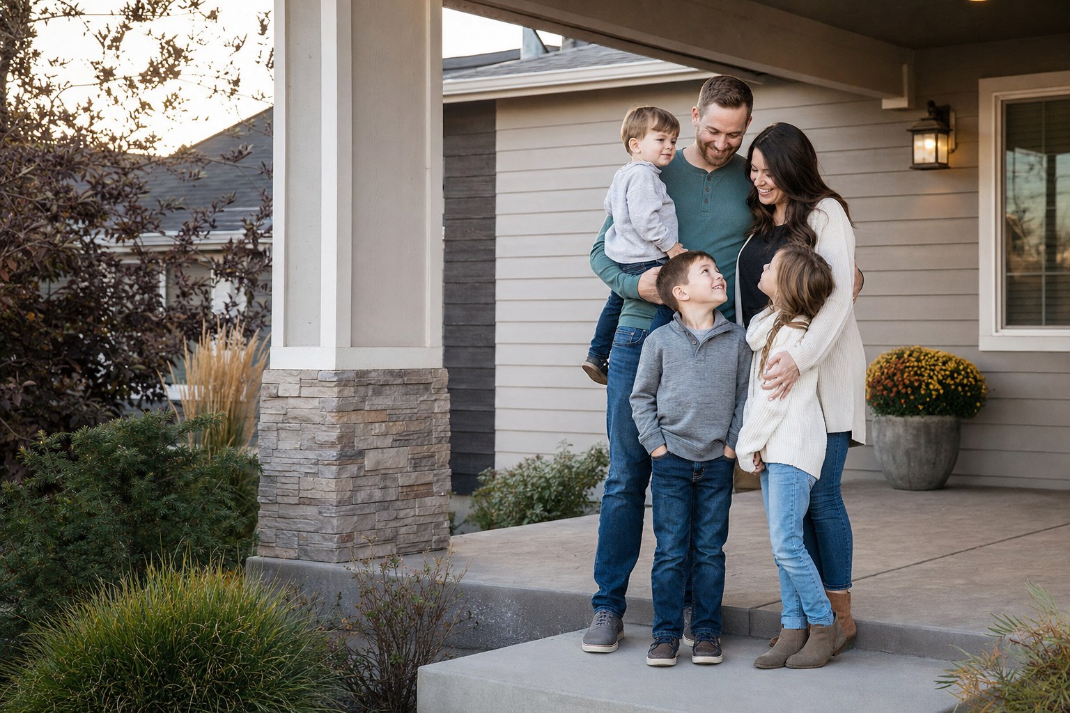 A young family gathered on a front porch