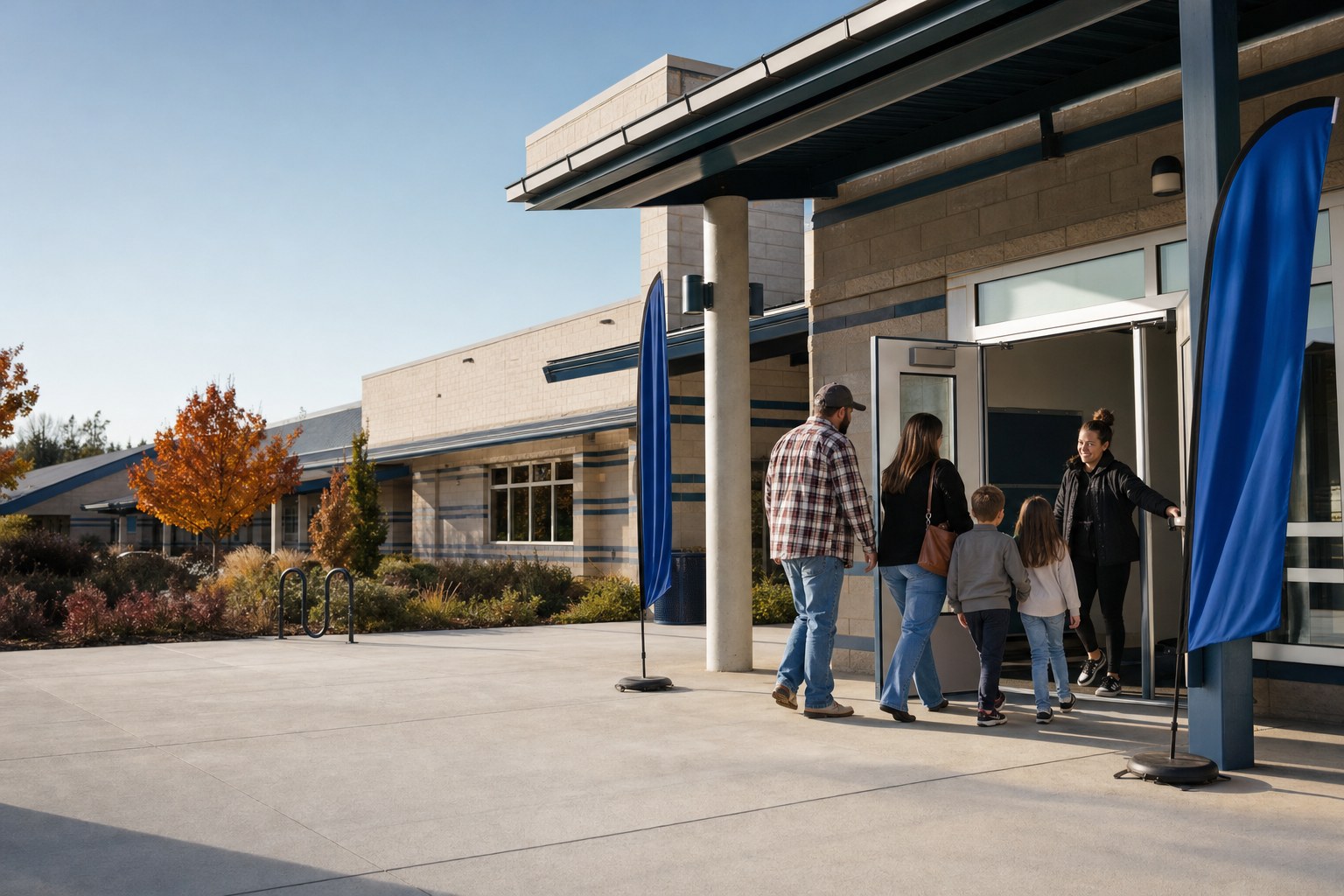 North gym entrance marked by blue flags
