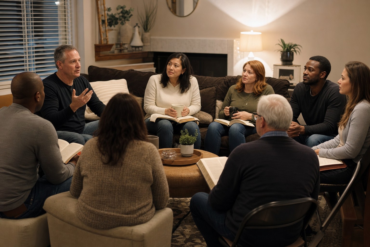 Home group meeting around a living room