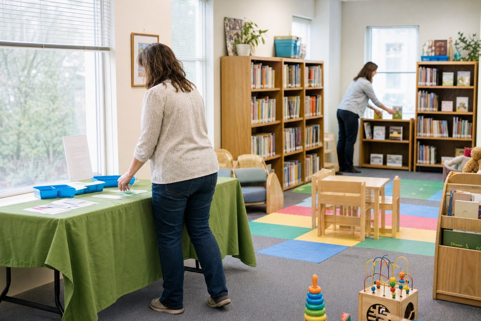 A prepared children’s room with play mats and toys