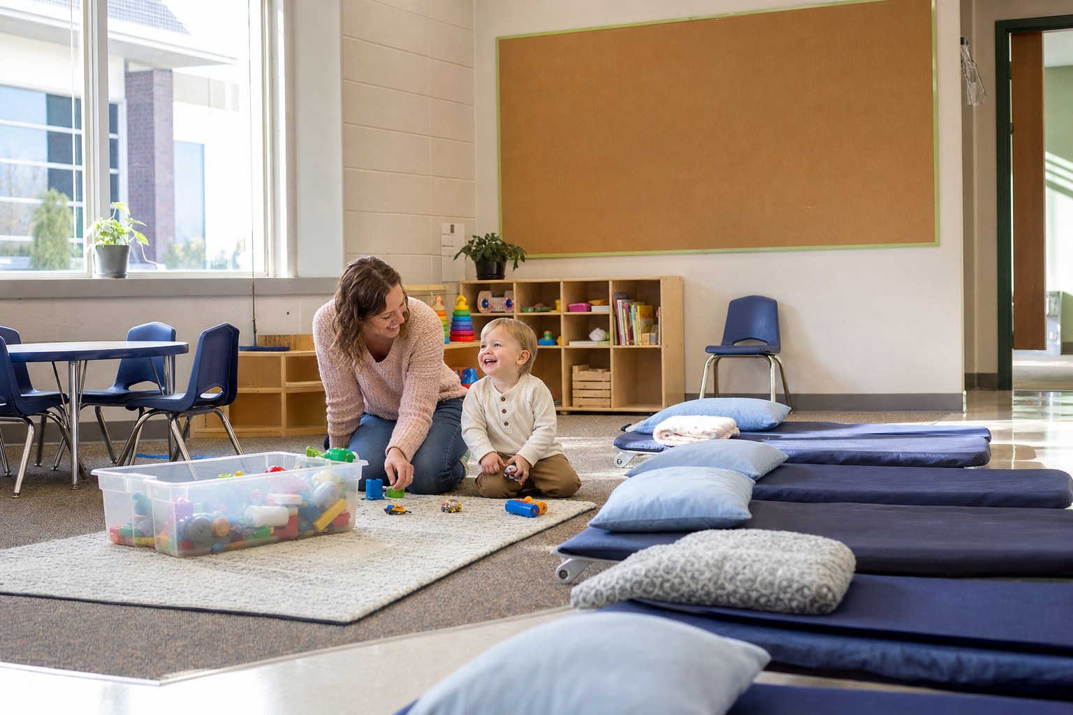 Kindergarten classroom ready for Sunday with nap mats, toys and a volunteer with a toddler