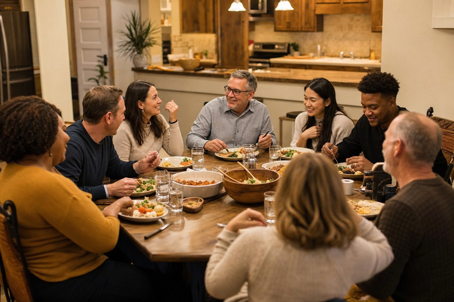 Church group sharing dinner around a kitchen table