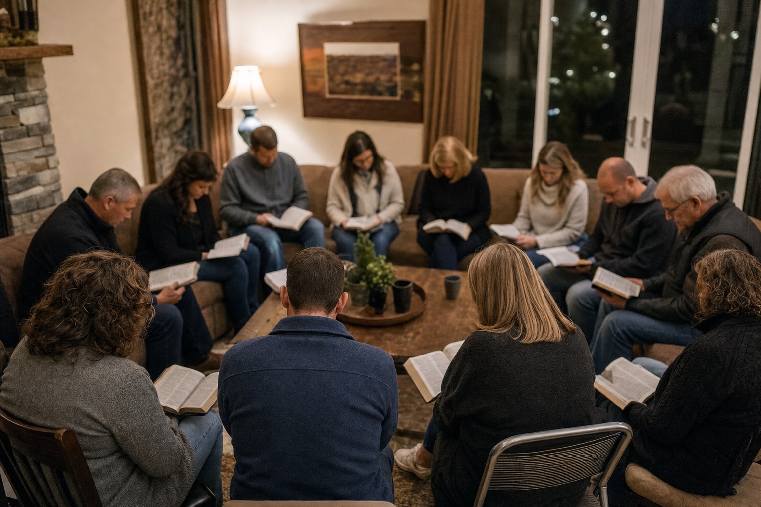 A small Bible study gathered in a living room