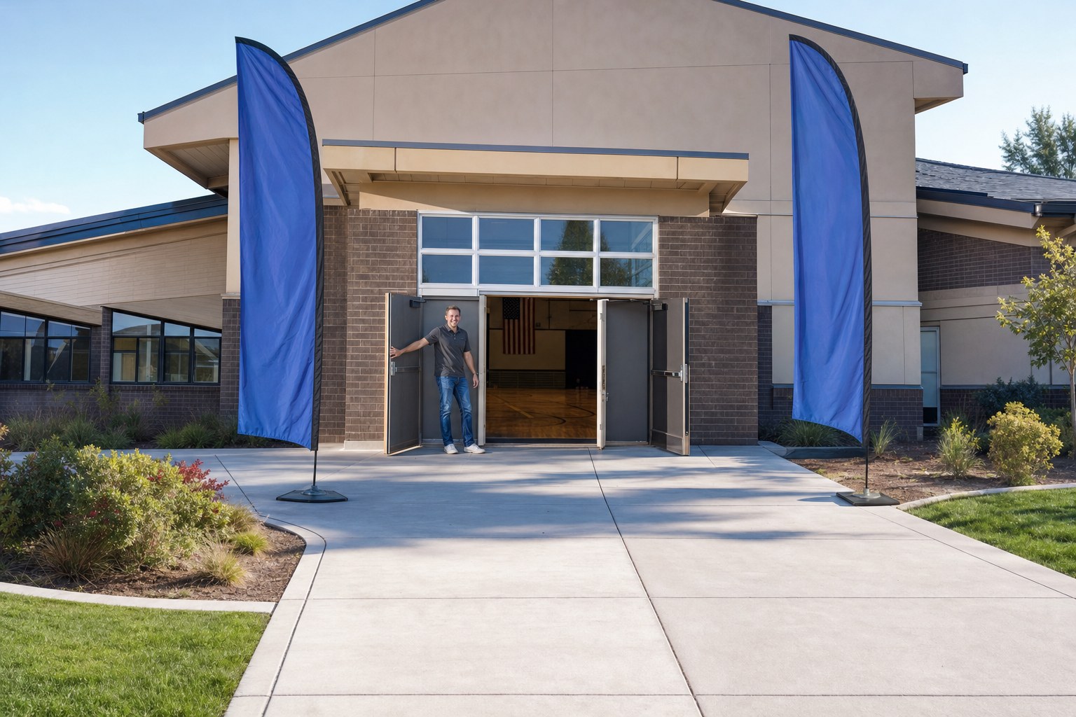 Open north gym doors with two blue Kettleridge flags