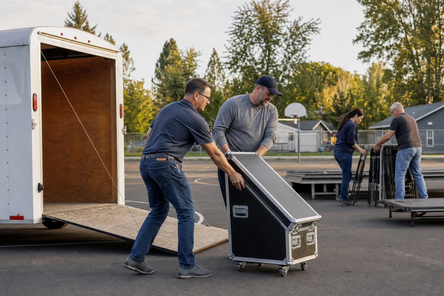 Volunteers unloading a trailer for Sunday setup
