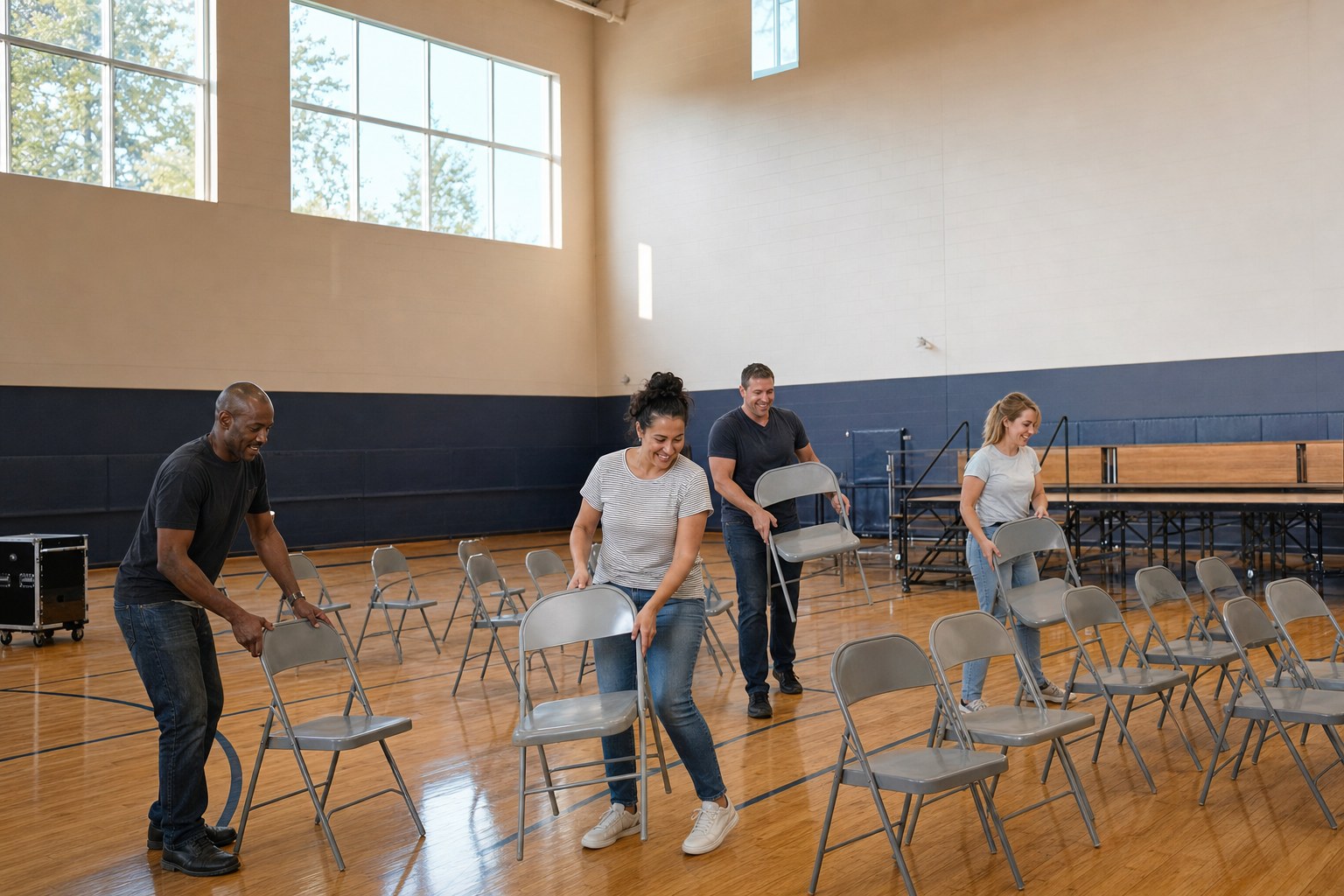 Volunteers setting out folding chairs in the school gym